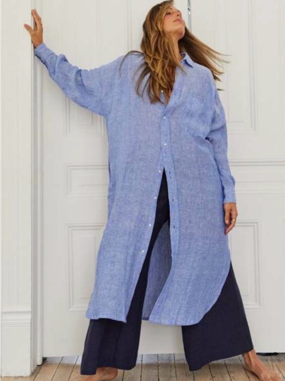 MAMÈNE Blue Linen Blend Florence Shirt Dress Lagenlook Minimalist Size (00-2)